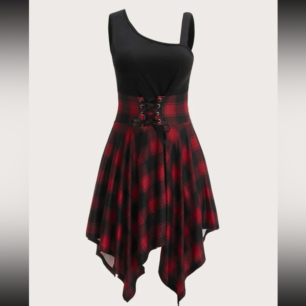 Plaid lace up asymmetrical dress